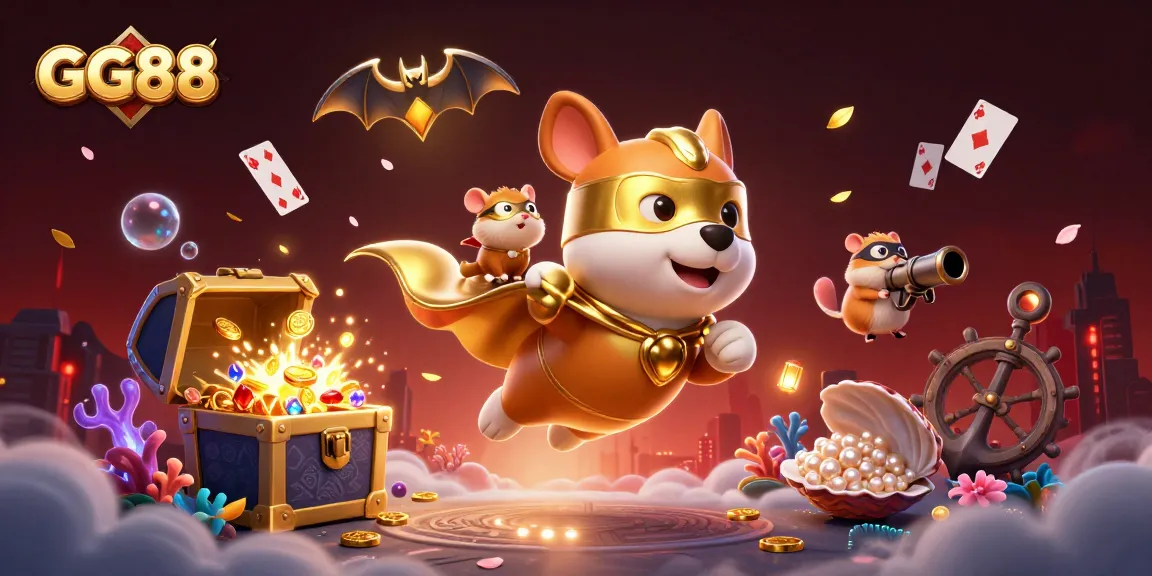 Experience thrilling entertainment at GG88 with vibrant casino elements and cartoon superheroes in a dynamic casino setting.