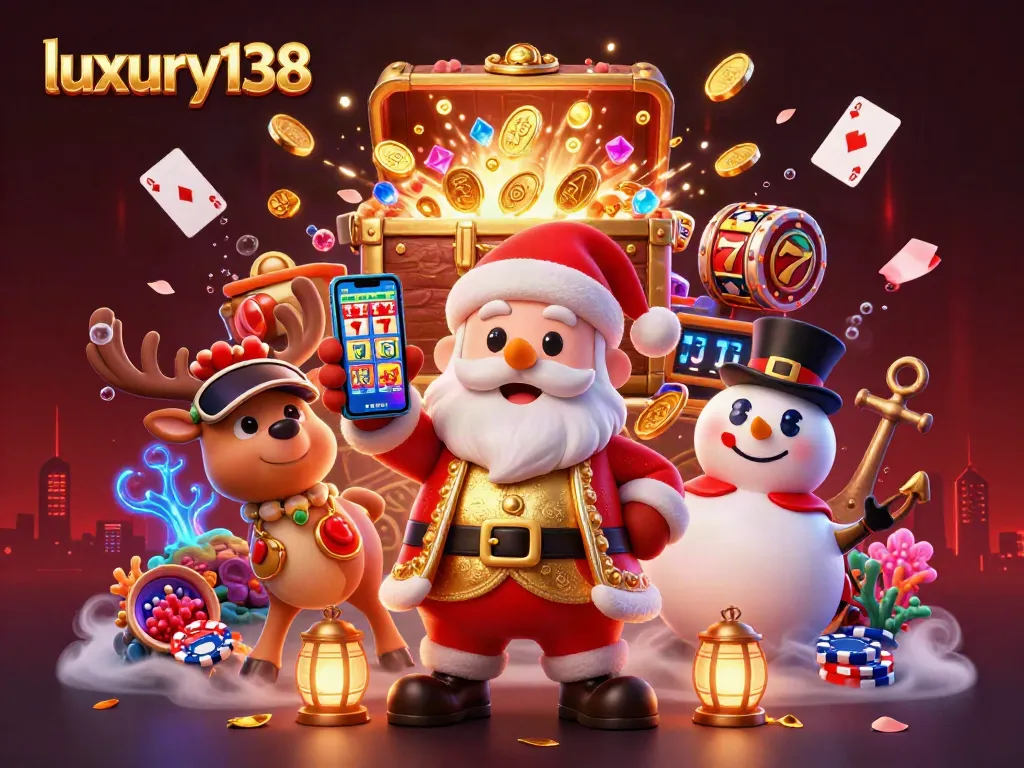 Spin the reels at luxury138 with Santa Claus and friends in a vibrant casino treasure hunt.