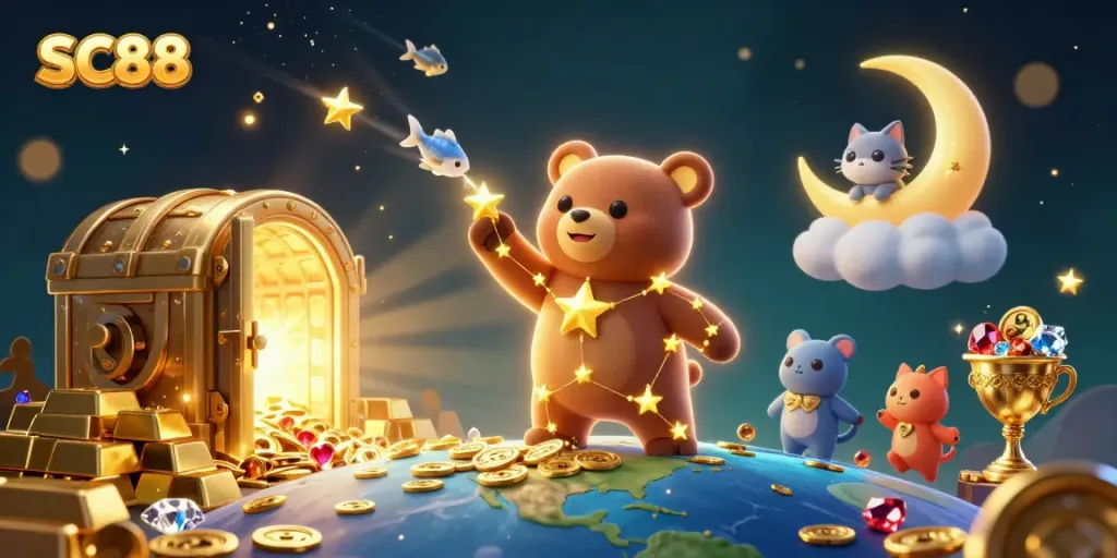 SC88 showcases a constellation bear and treasures, inviting players to dive into thrilling gaming experiences.