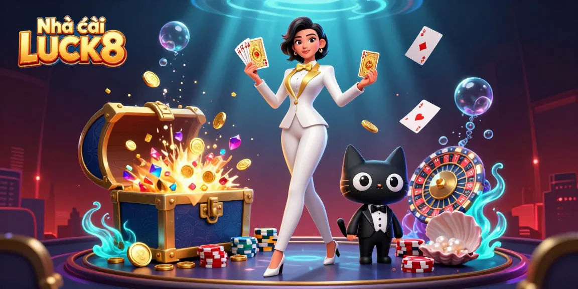 Experience thrilling gameplay at Nhà cái LUCK8 with a glamorous dealer and lively casino elements.