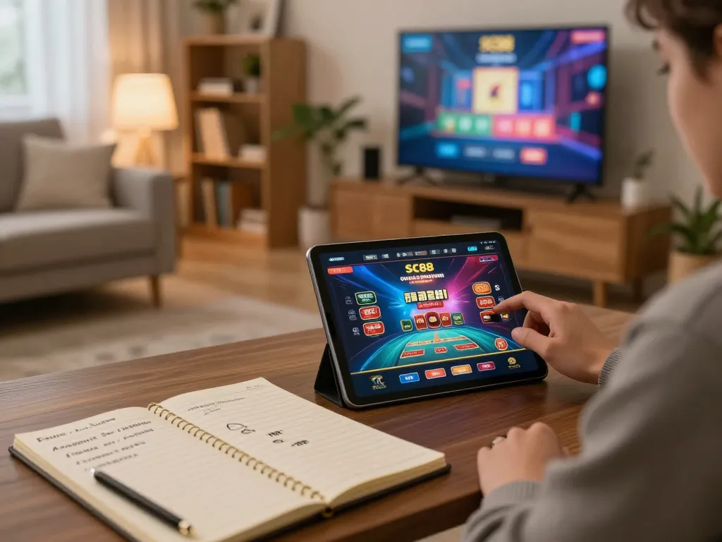 SC88 user engaging with online gambling on a tablet in a cozy living room