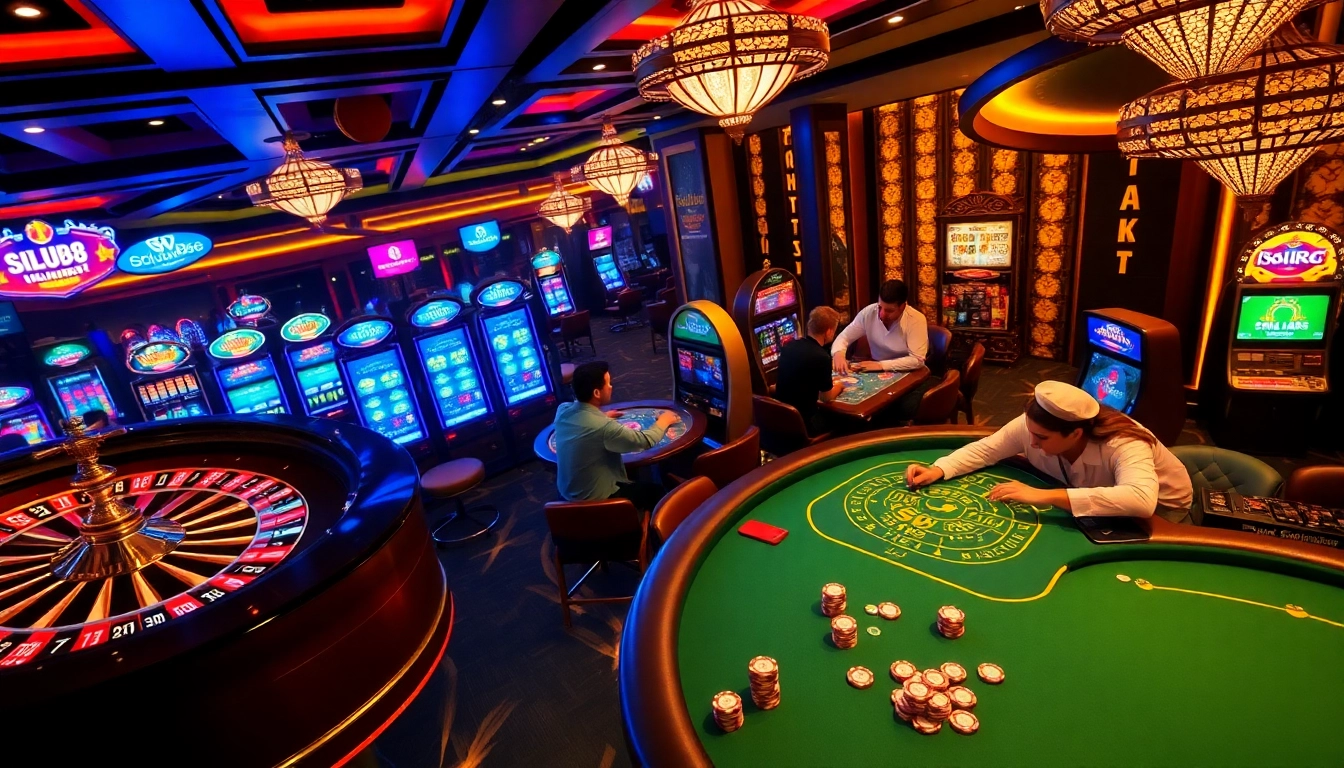 Engage in thrilling gameplay at https://sclub88.app/ with vibrant casino action featuring poker tables and roulette wheels.