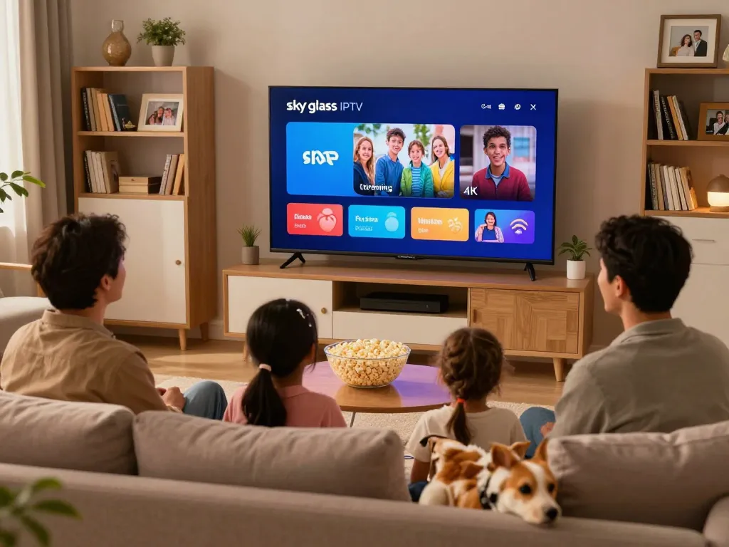 Family enjoying Sky glass IPTV movie night in cozy living room