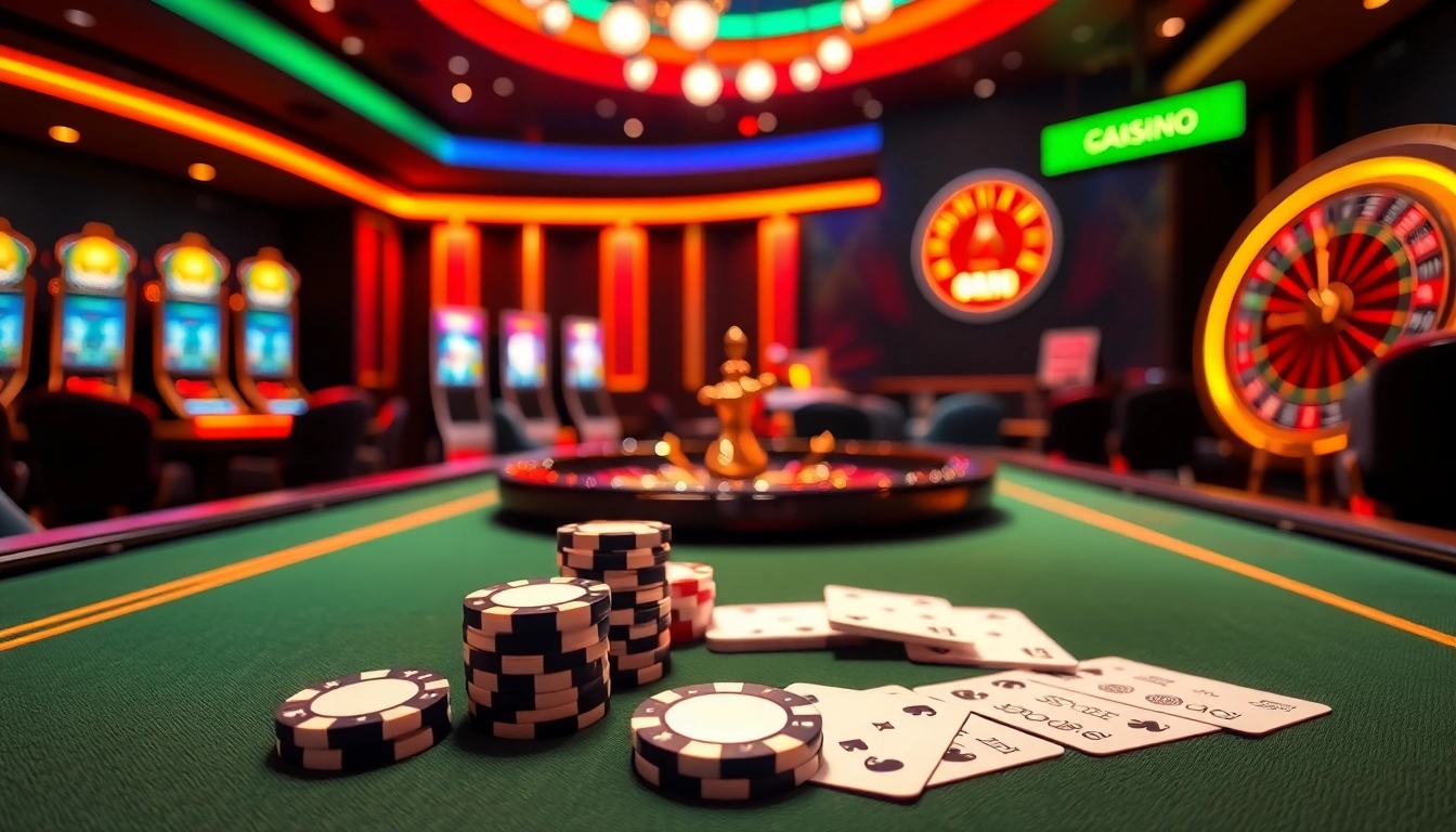 An energetic virtual casino scene showcasing online gaming at https://ax88.bid/, featuring poker chips, roulette, and slot machines.
