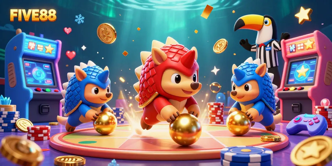 Gamblers clash in a vibrant FIVE88 casino scene with pangolins bowling through poker chips, showcasing excitement.