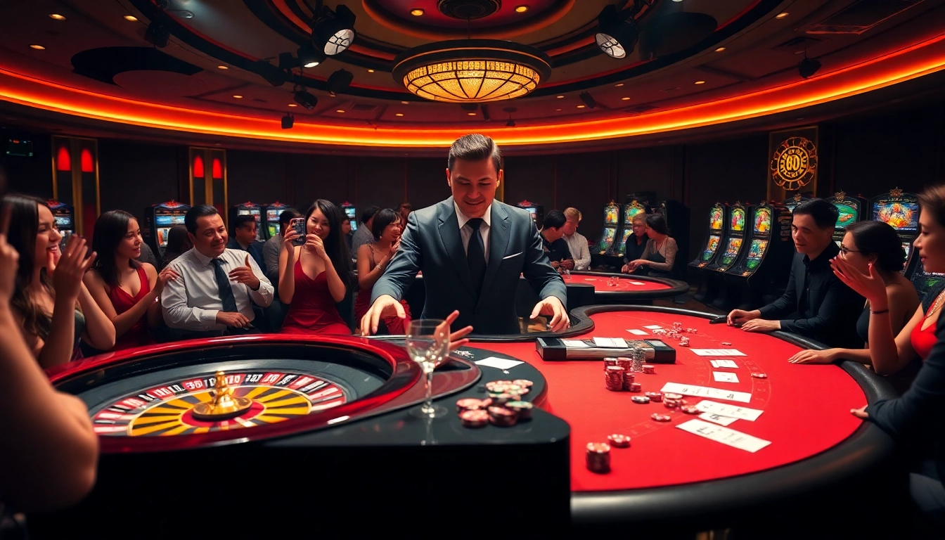 Experience the excitement of XX88 casino with vibrant tables, chips, and a professional dealer.