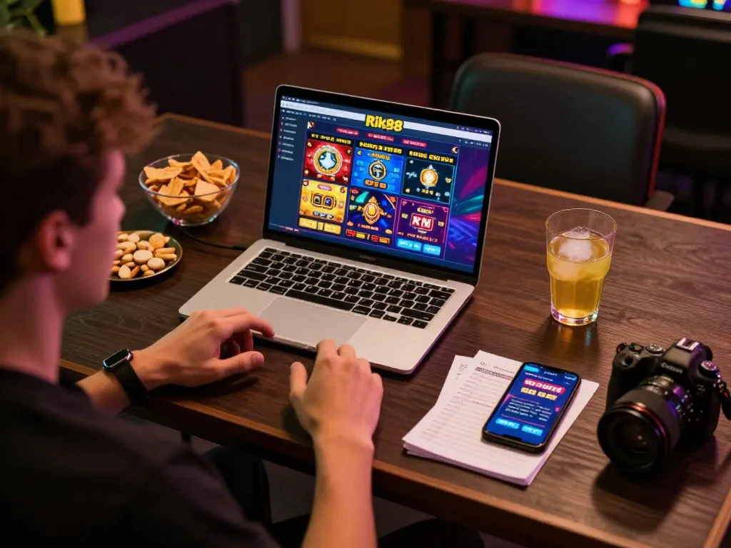 Player enjoying online games at Rik88, showcasing excitement and strategic betting approach in cozy environment.