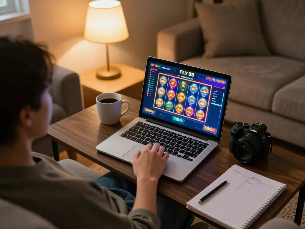 Engaging in FLY 88 online gaming session with colorful slot interface at home.
