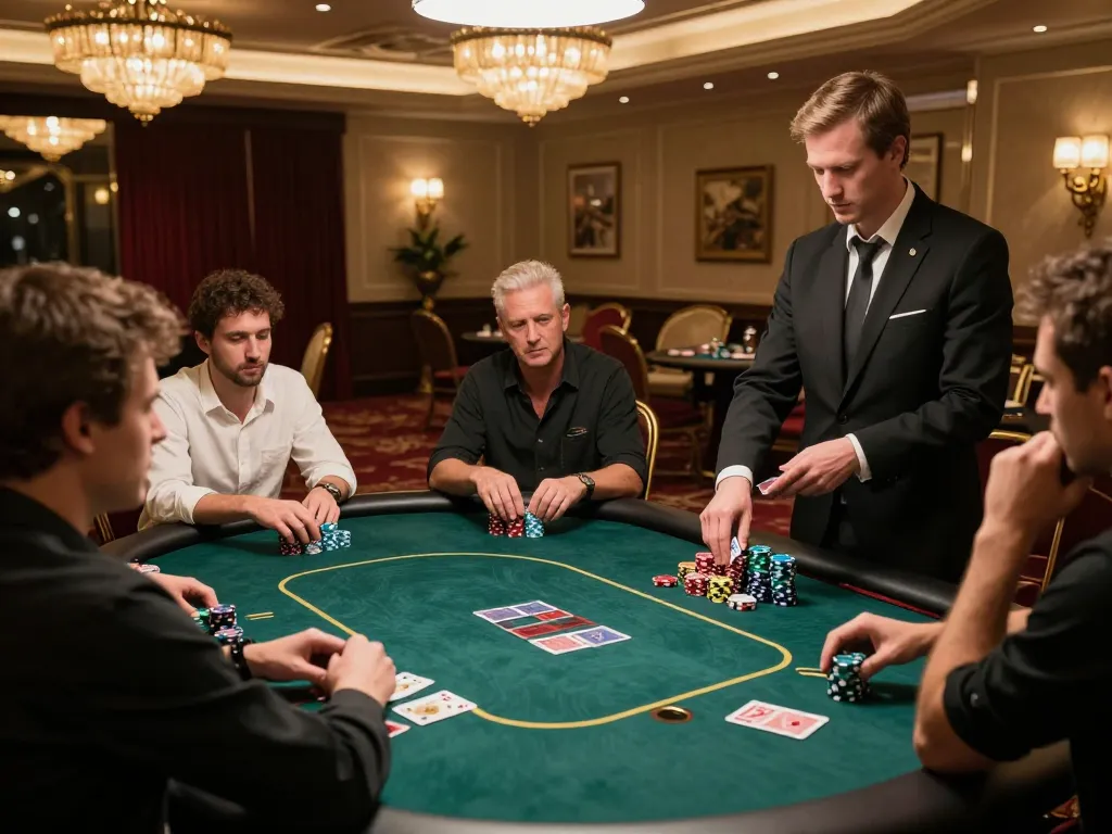 Players strategizing at a high-stakes poker game in a luxurious setting at XX88 casino.