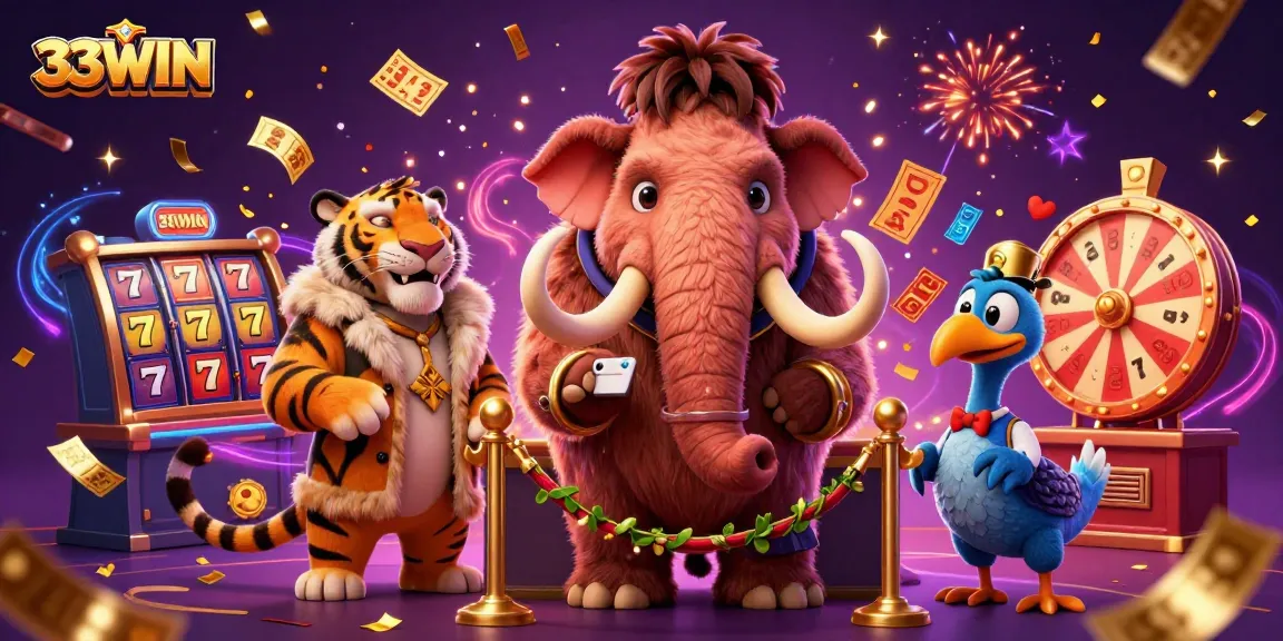 Experience the excitement of 33WIN with a vibrant casino scene featuring animated characters and gaming elements.