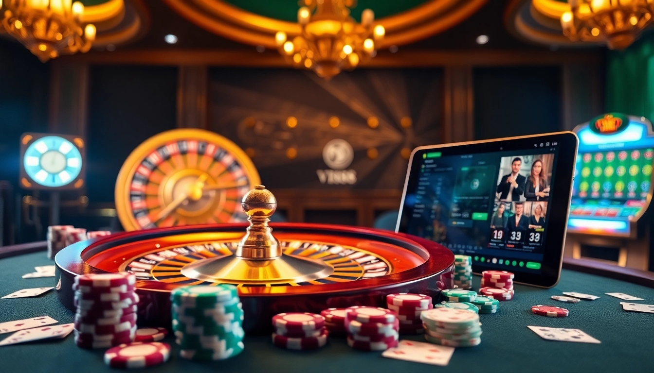 Engaging scene of nhà cái vn88 with luxurious casino elements, playing cards, and roulette wheel.