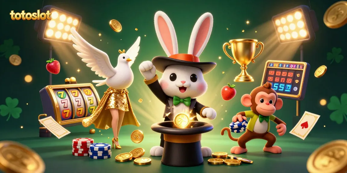 Totoslot brings excitement with a magician, dove, and monkey in a casino-themed scene filled with colorful elements.