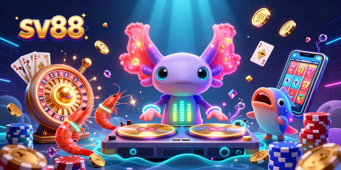 Experience sv88 with a lively 3D cartoon axolotl DJ and friends, showcasing vibrant slot elements and casino excitement.