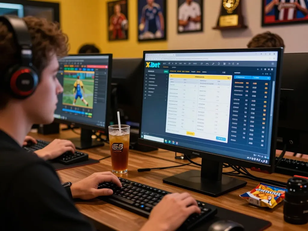 Engaged player using Xibet platform at a dynamic online betting setup with sports stats visible.