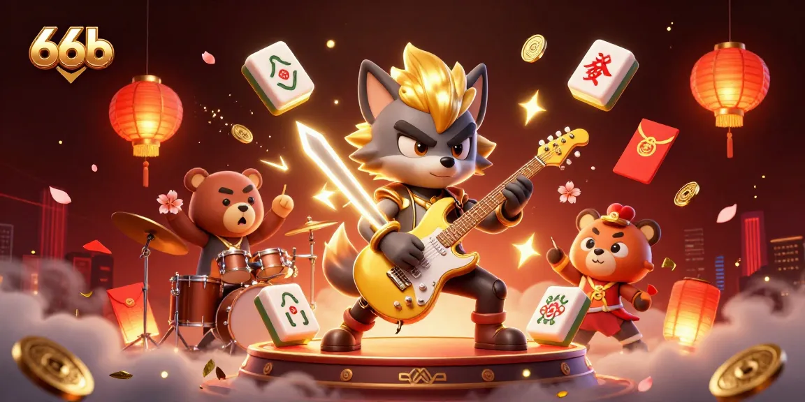 Engage with 66b casino action featuring a rock star wolf playing an electric guitar amidst vibrant gaming elements.