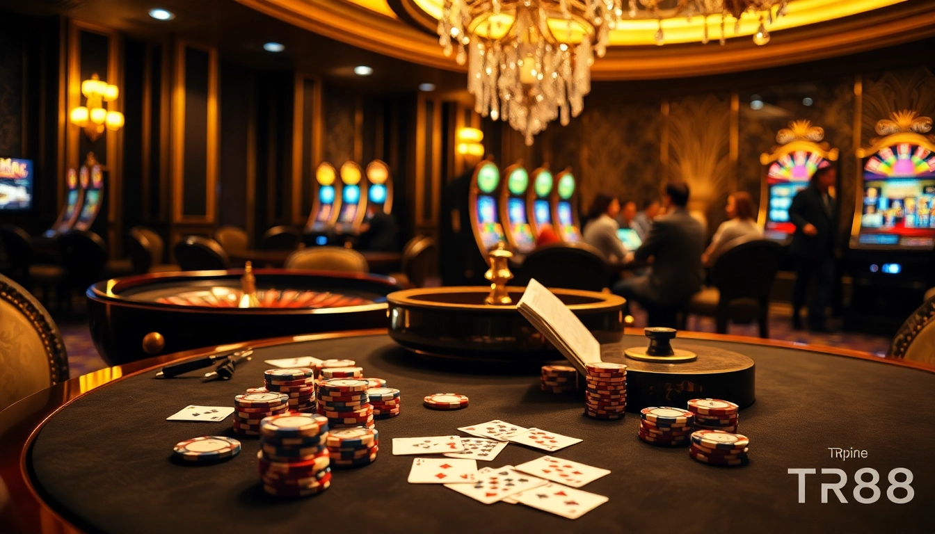 Experience the excitement of TR88 game with vibrant poker tables and luxurious casino visuals.