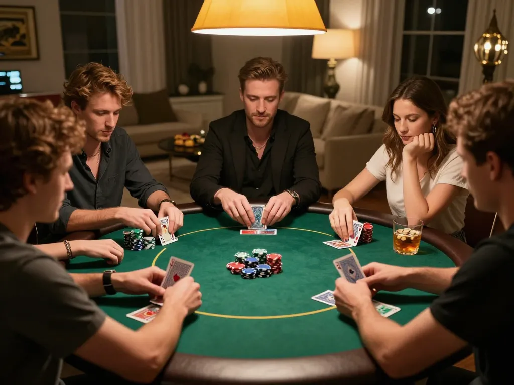 Players enjoying Texas Hold'em at shbet800 home game night, displaying cards and chips in a cozy atmosphere.