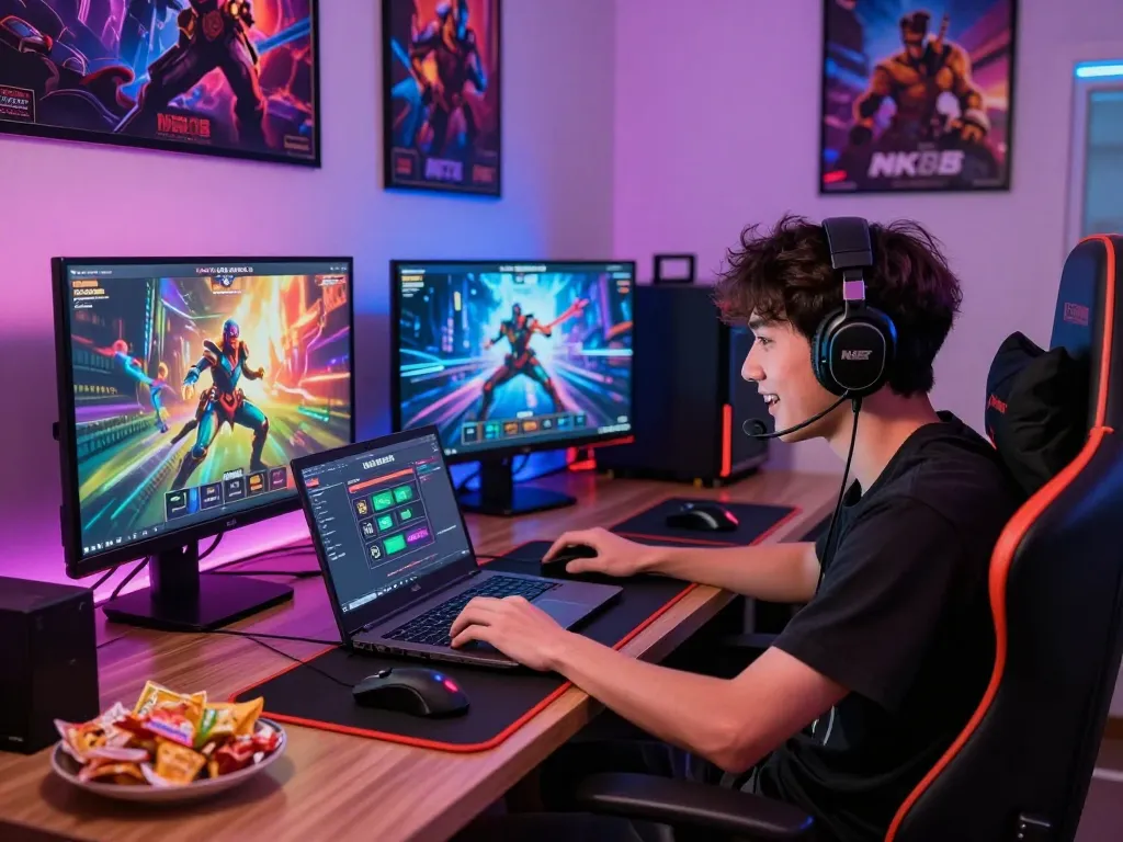 Excited player enjoying NK88 online betting experience on a laptop surrounded by gaming visuals and accessories.