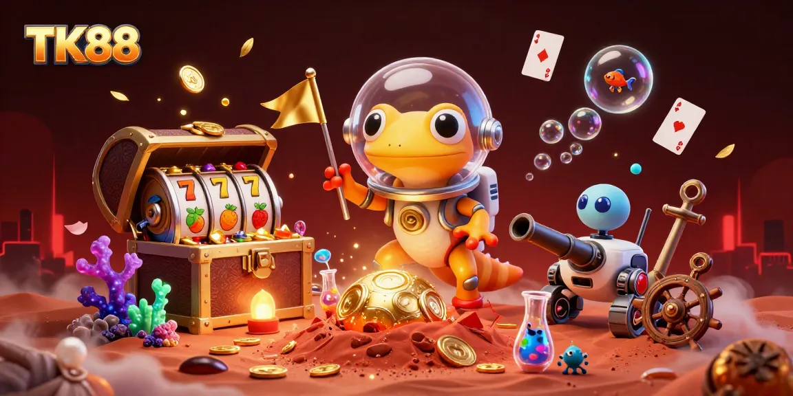 Engage in thrilling casino adventures at TK88 with a cartoon Martian gecko and golden casino treasures.