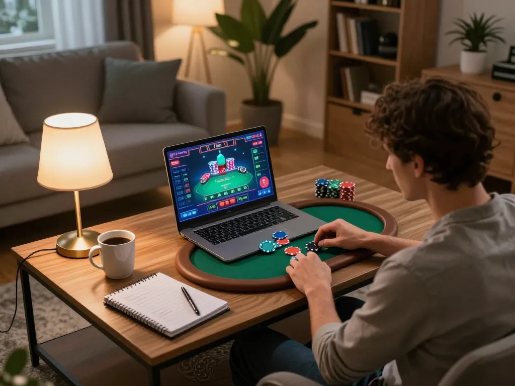 3Win player enjoying online poker with strategy notes in a cozy living room
