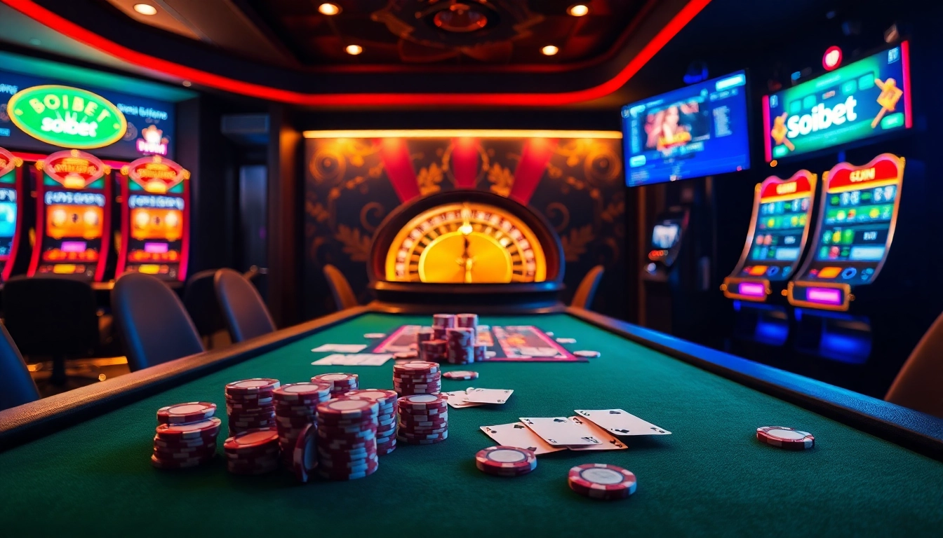 Experience the excitement of soibet with vibrant casino gaming elements like poker chips and slot machines.