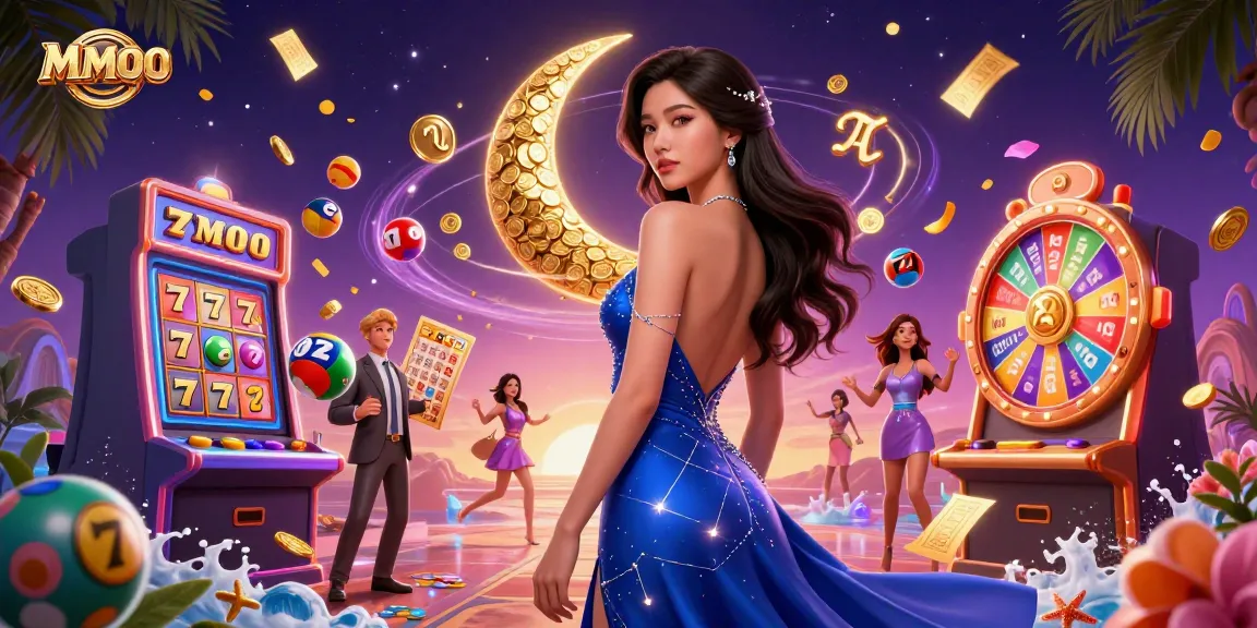 Experience the excitement of MMOO with vibrant slot machines, golden coins, and a captivating casino atmosphere.