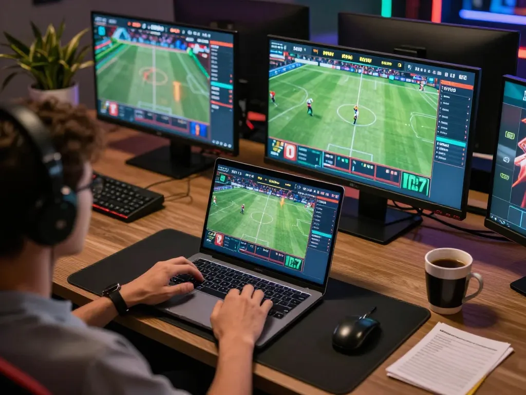 Engaging in sports betting on a laptop while exploring zowin strategies in a modern gaming setup