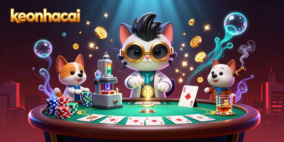 Join the fun with keonhacai at a vibrant poker scene with a mad scientist cat!