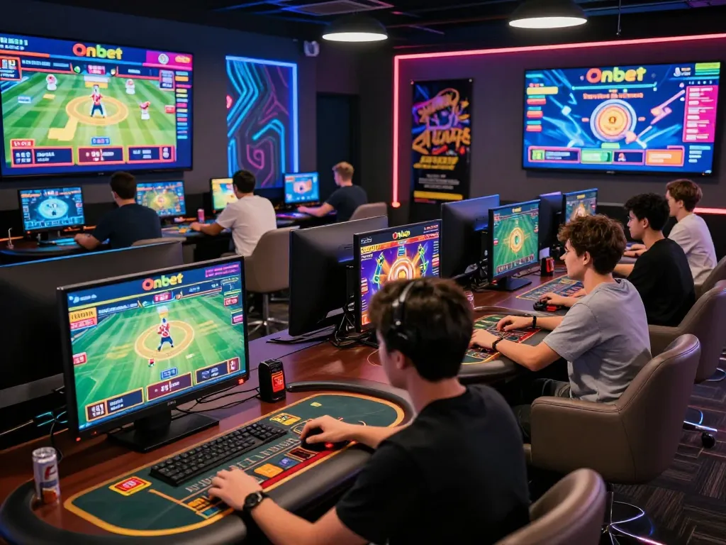 Engaged players enjoying diverse games at Onbet's vibrant online betting platform, showcasing excitement and interaction.