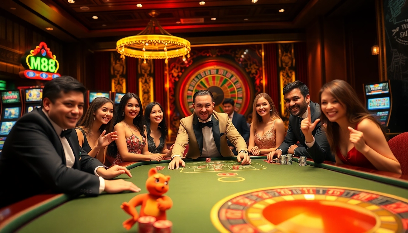 Experience thrilling m88 casino action at a vibrant gaming table with excited players.
