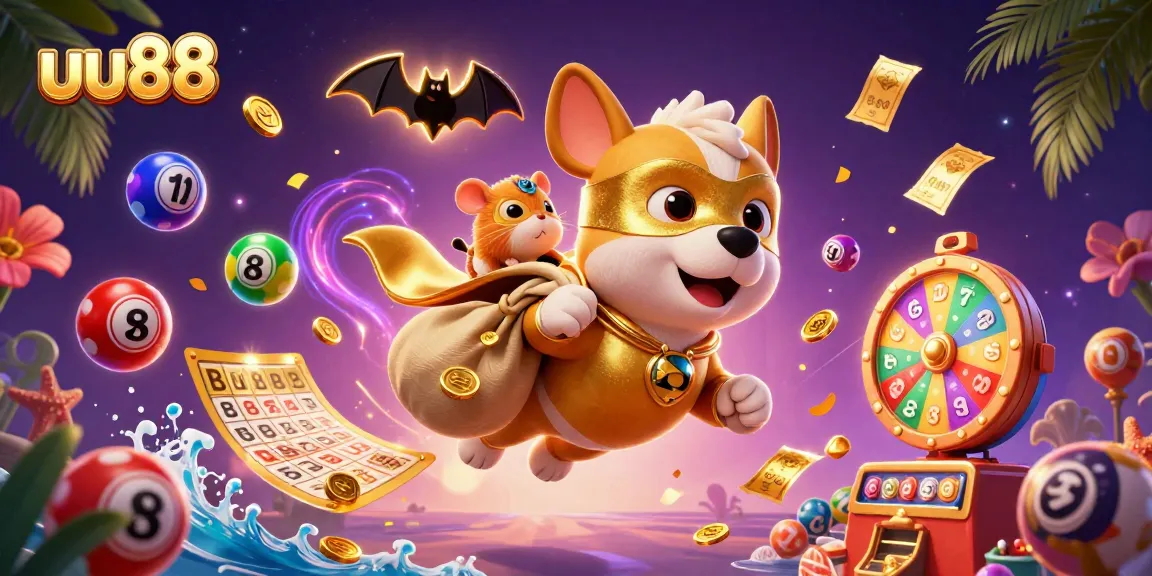 Experience exciting gaming action with uu88 featuring a superhero dog, coins, and lottery elements.