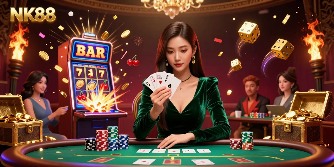 Experience thrilling gameplay at NK88 with a stunning Asian woman at the poker table.