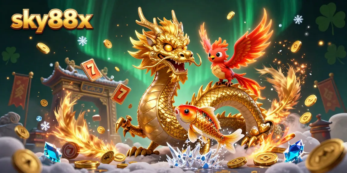 Engage with sky88x's thrilling casino adventure featuring a golden dragon and lucky koi fish.