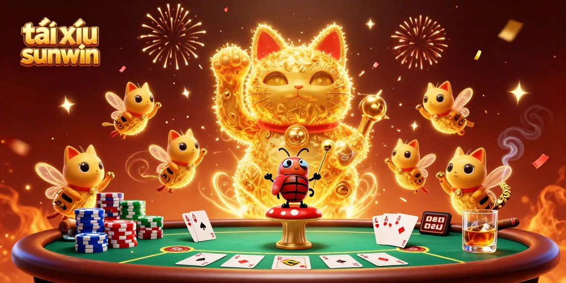 Experience the excitement of tài xỉu sunwin with a lively scene of a lucky cat and golden fireflies.