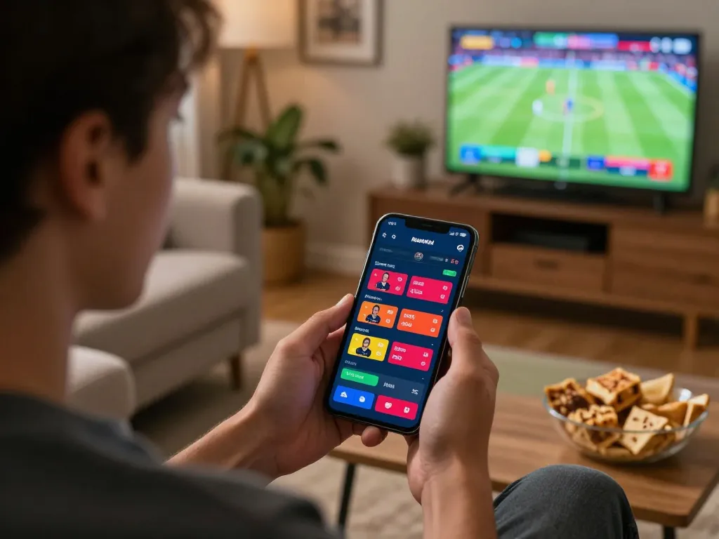 78win user engaging in sports betting on a mobile app in a cozy home setting.