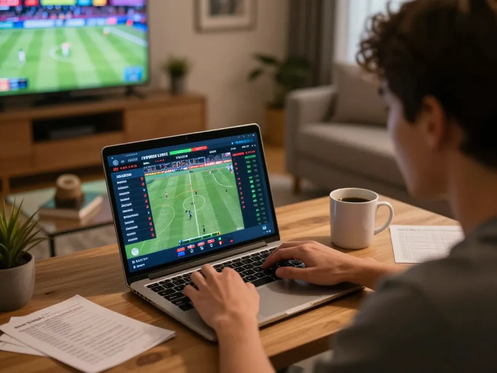 Engaging in live sports betting on 789WIN with laptop, showcasing strategic gameplay at home.