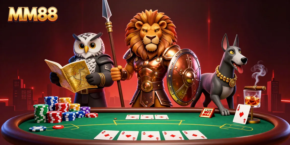 Experience the thrill of MM88 with a vibrant 3D casino scene showcasing poker action and strategy.