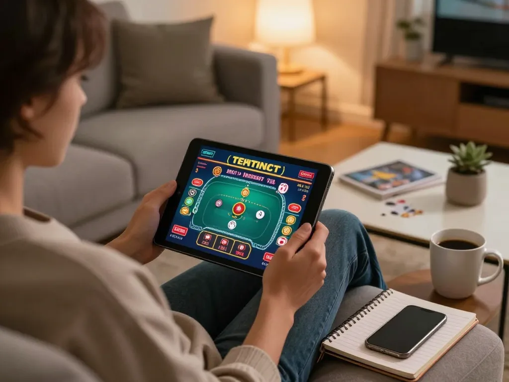 Play online casino games on 88vvgo tablet, showcasing a vibrant poker interface and strategic notes.