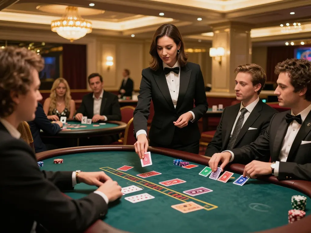 DOLA789 offers an engaging blackjack experience with players and a dealer at a luxurious table.