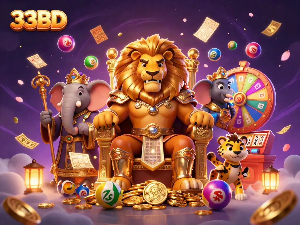 Experience the excitement of 33BD with vibrant lottery balls, golden tickets, and royal casino characters.