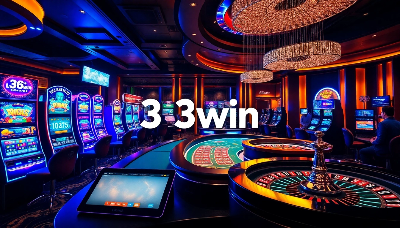 33win casino scene with players enjoying slot machines and poker tables in a vibrant atmosphere.