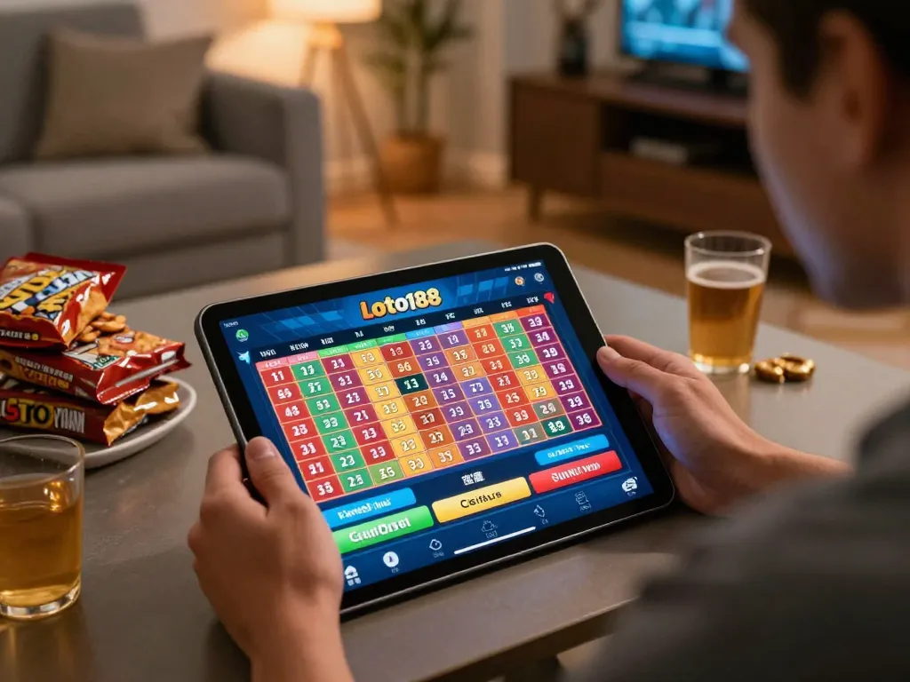 Player engaging with loto188 app for lottery gaming, showcasing dynamic interface in a cozy home setting