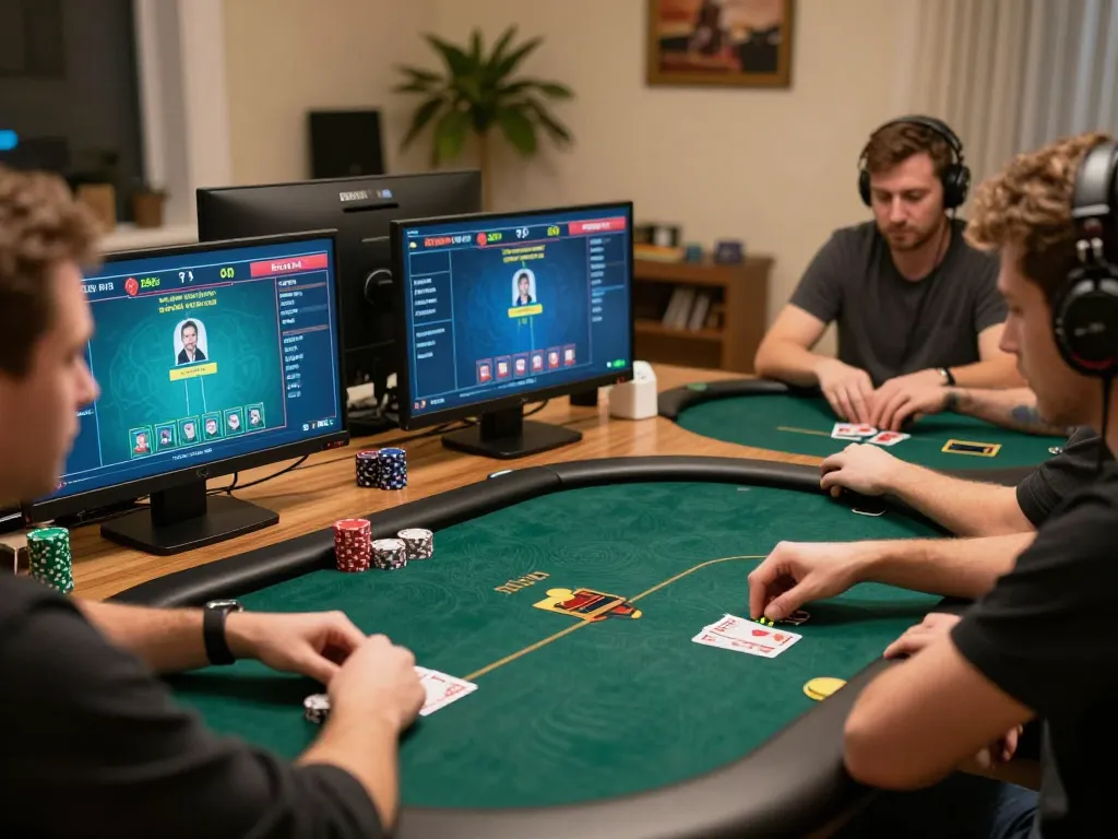 Sunwin online poker players strategizing their moves in a competitive atmosphere, showcasing excitement and focus.