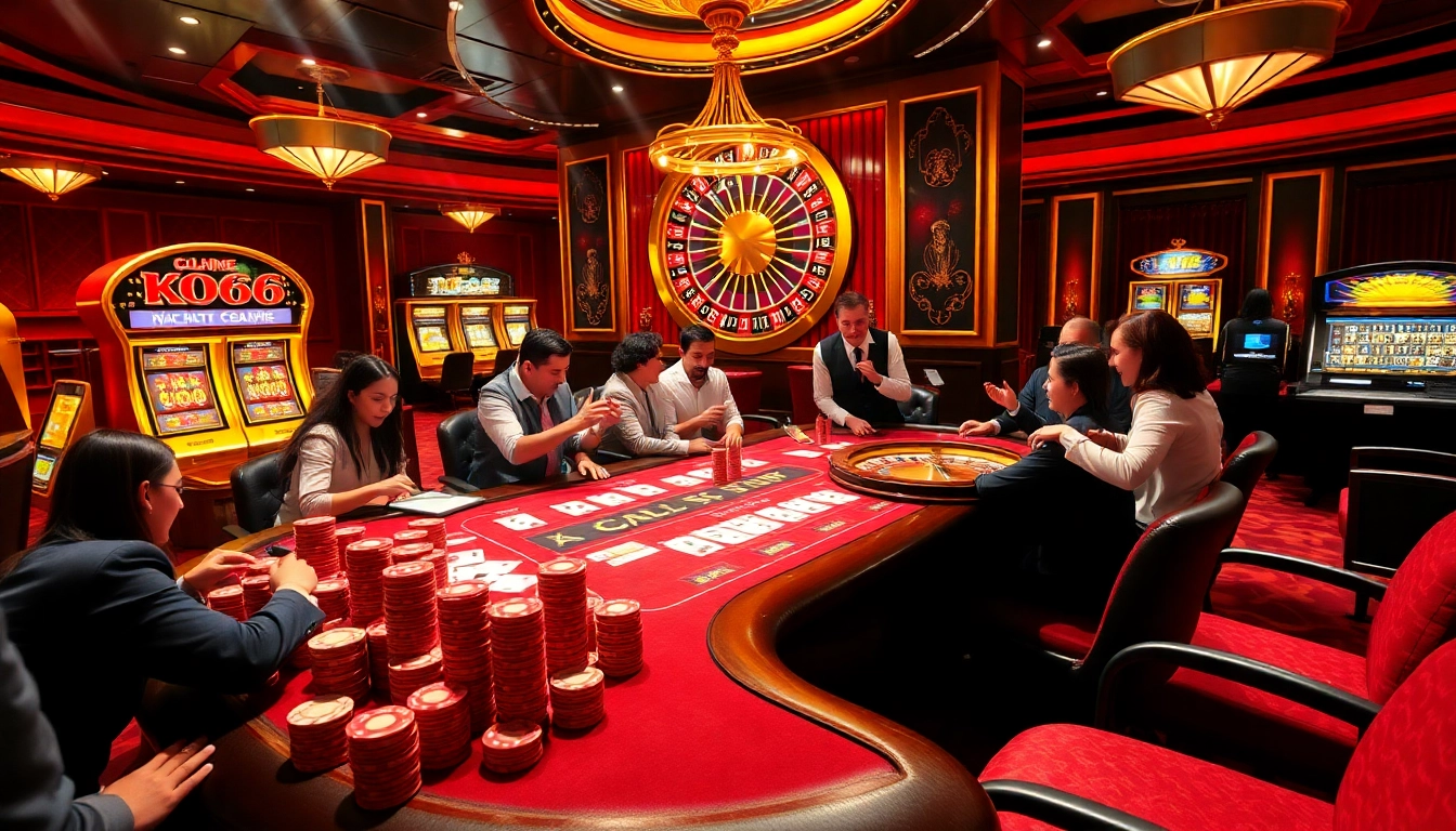 Exciting gambling scene at https://ko66.fish/ showcasing poker tables, chips, and jackpot slots.