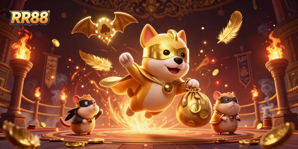 RR88 offers an exciting casino experience with a whimsical superhero dog and vibrant gameplay elements.