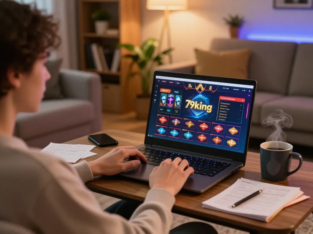 Player engaging in online gaming with 79king on laptop, warm cozy setting highlighting strategy.