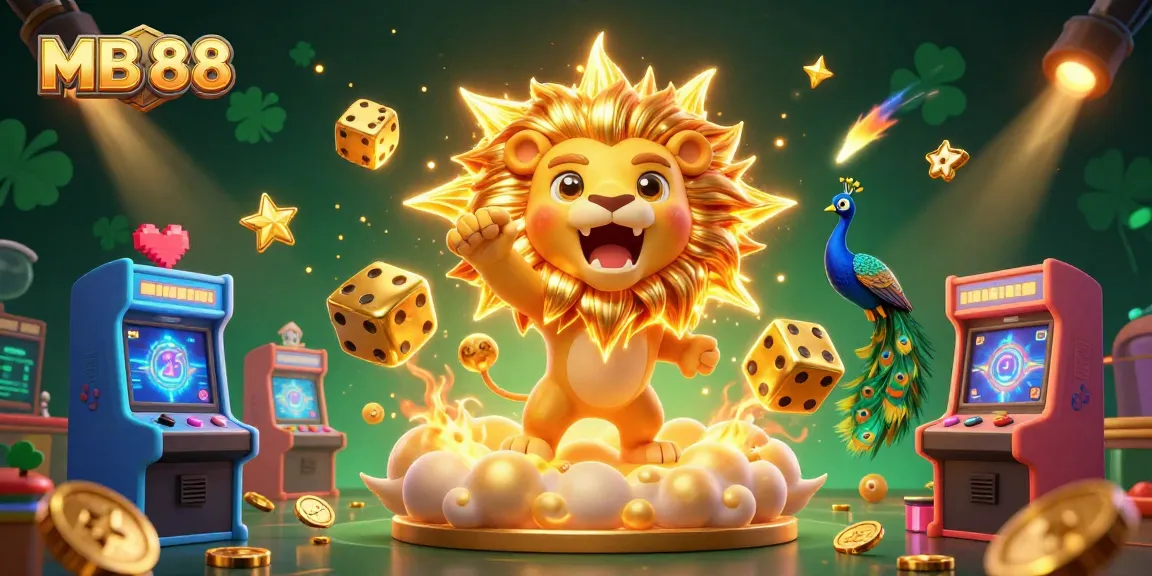 Experience the thrill of MB 88 with golden dice and a roaring sun lion in this vibrant casino illustration.