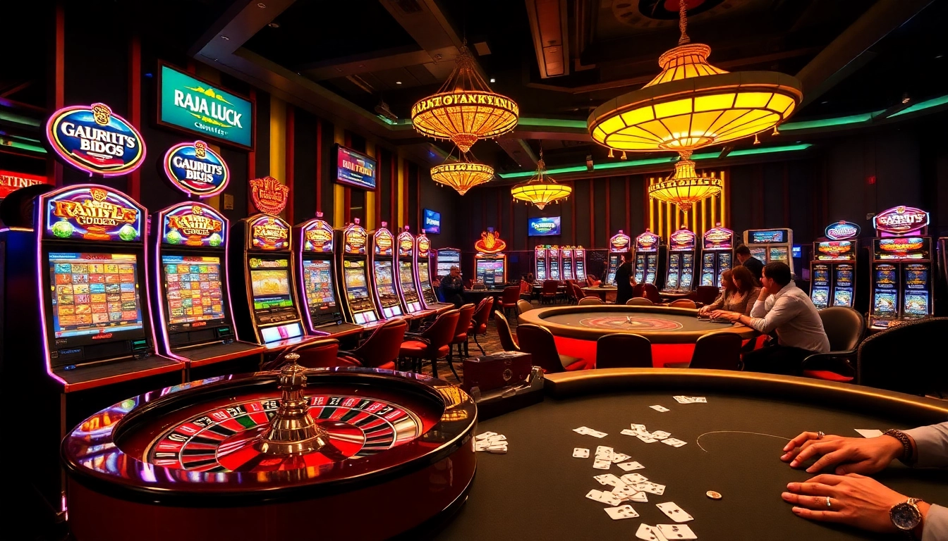 Raja Luck casino scene with players excitedly engaging at vibrant gaming tables and slot machines.