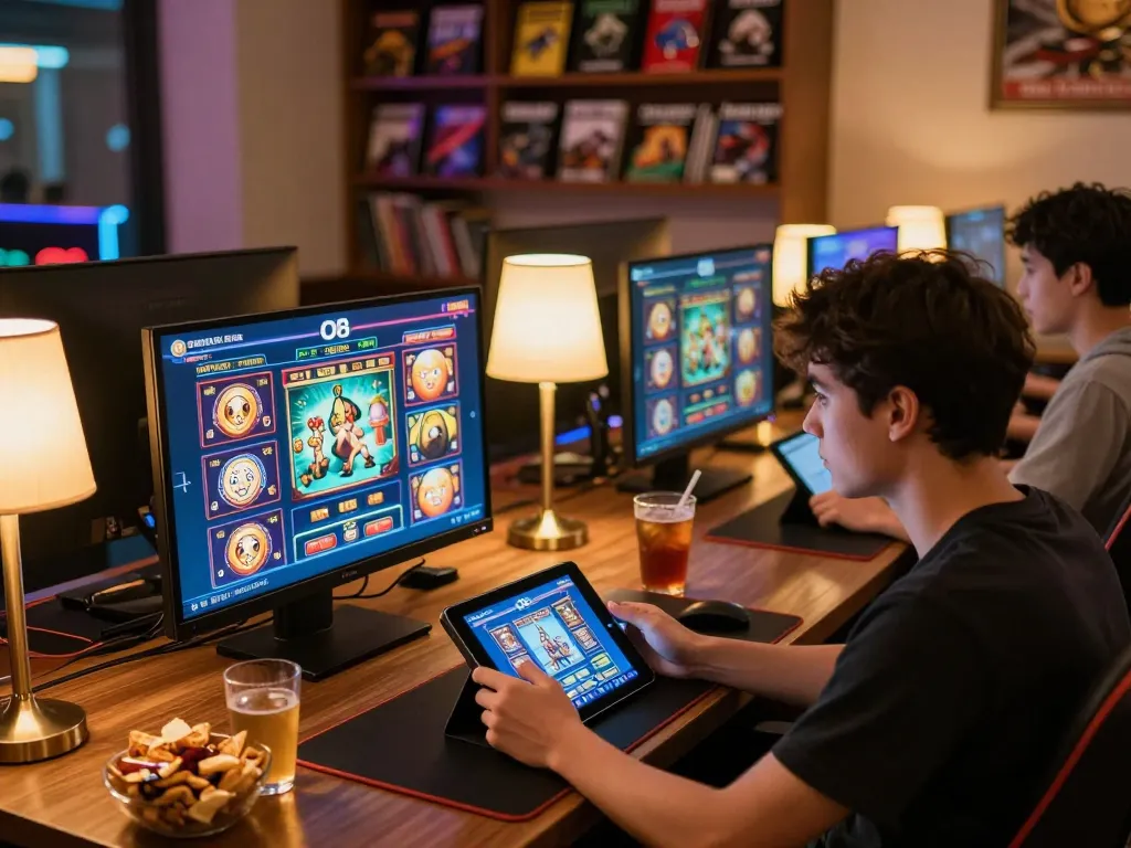 O8 player engaged in online slot gaming at home, showcasing excitement and strategy in a cozy atmosphere.