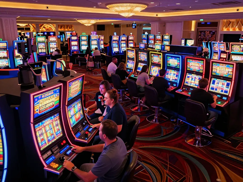 Players engaging with Pragmati Play slot machines in a vibrant Las Vegas casino atmosphere.